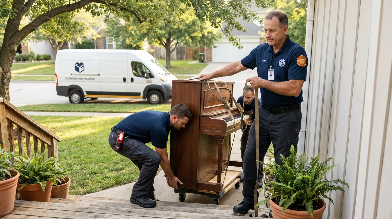 Licensed piano movers securing grand piano in Greenville, OH