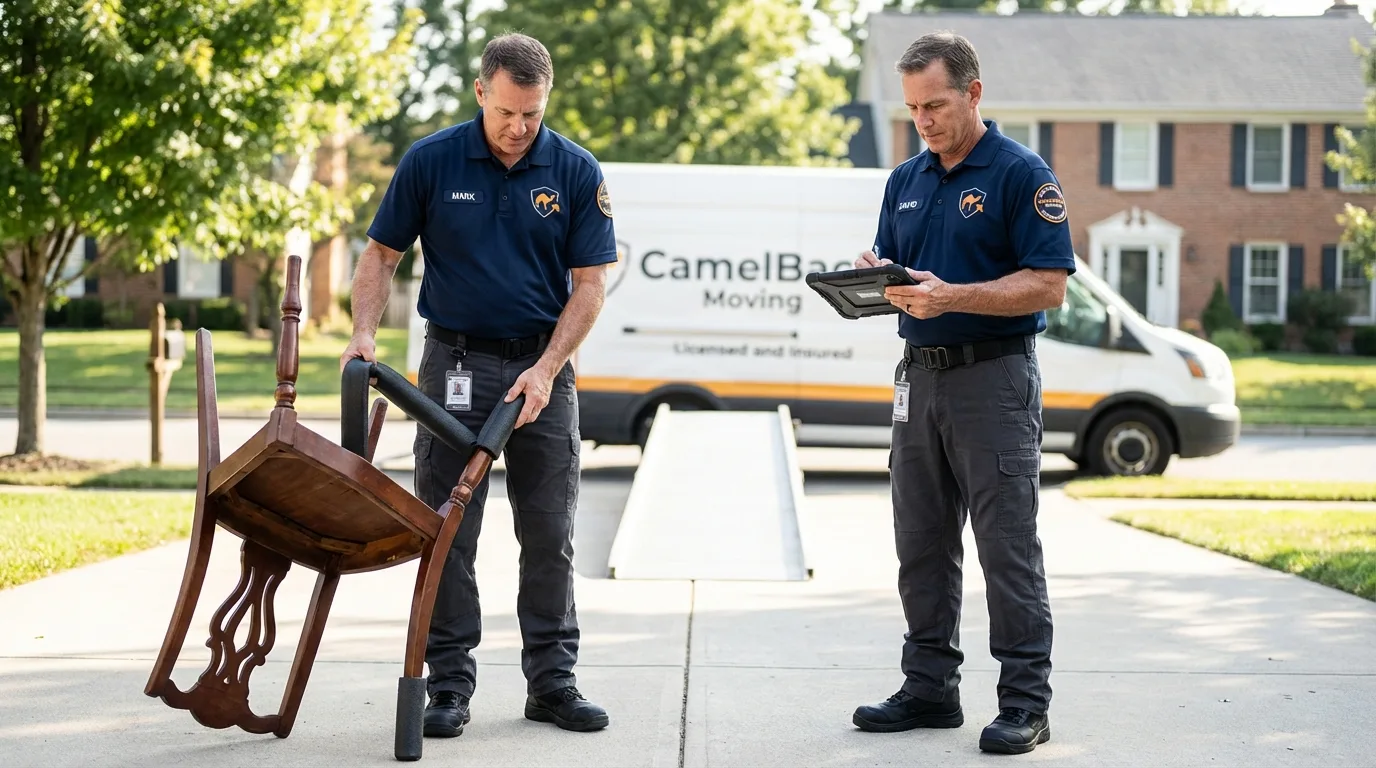 Movers inspecting furniture for damage prevention before loading in Greenville, OH