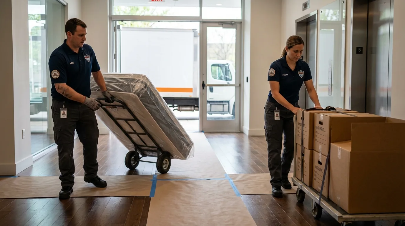 Professional apartment movers loading elevator in Greenville, OH
